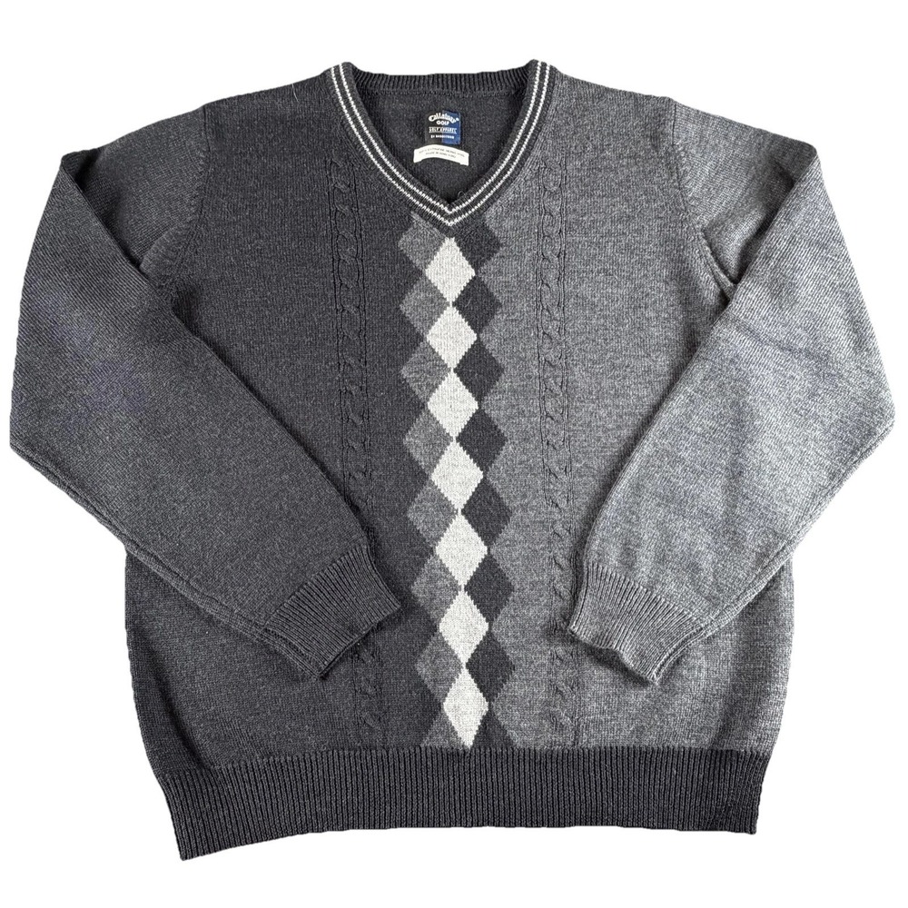 Callaway Golf Sweater Mens Medium Gray Argyle Merino Wool V-Neck Knit Pullover